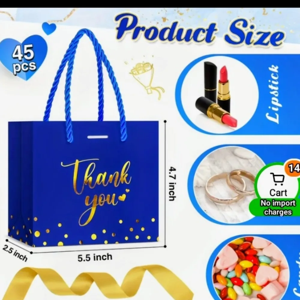 Lot Of 24 Royal Blue and Gold Thank You Gift Bags